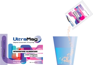 Imaginea reprezintă o cutie UltraMag® și un plic individual care sunt afișate lângă un pahar de apă în care se toarnă conținutul plicului.